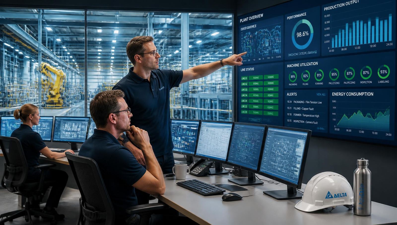 Sigma Delta engineers reviewing live production dashboards in a plant control room